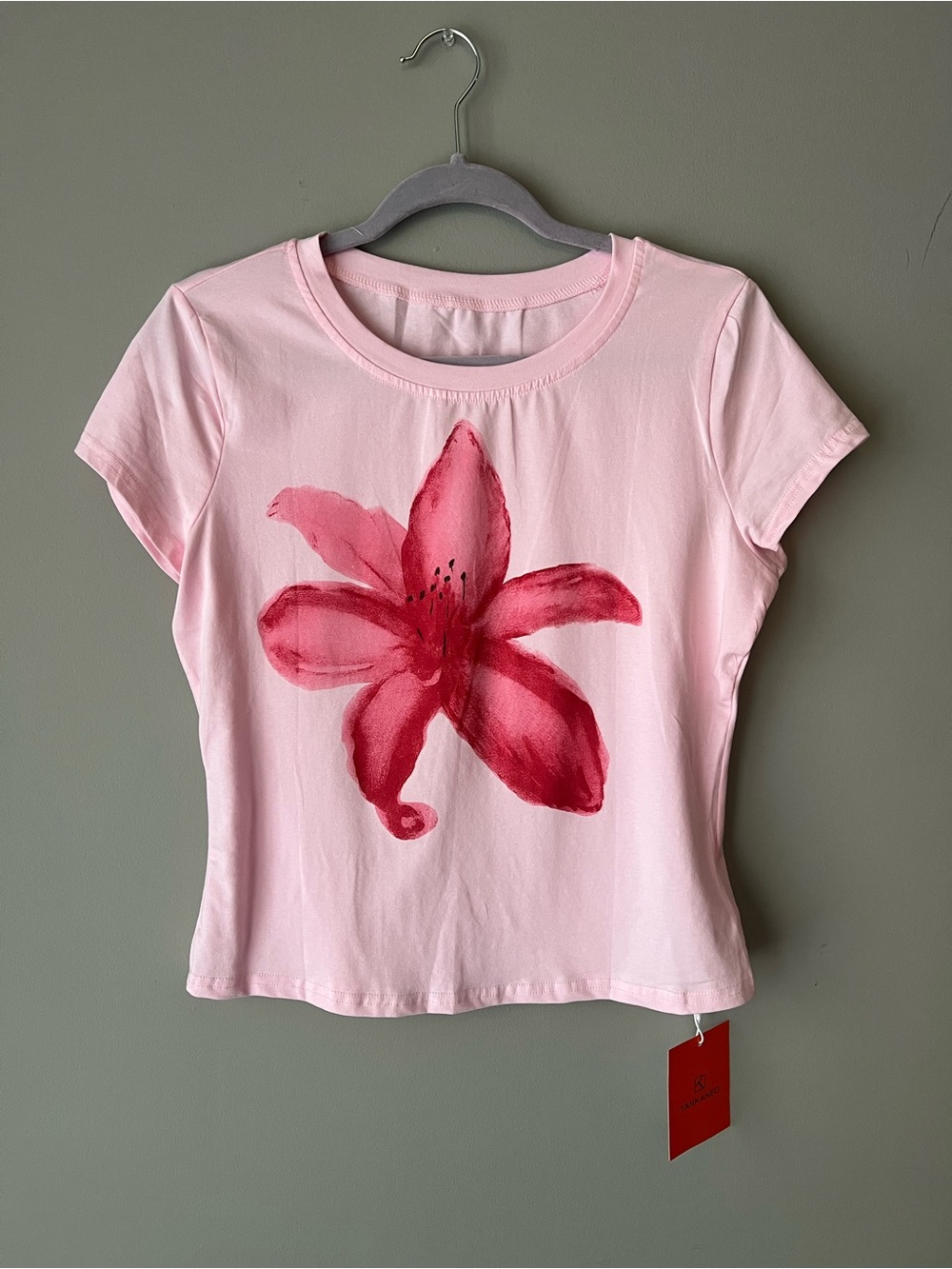 Light Pink Y2K Style Short-Sleeve Tee with Red Floral Print